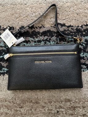 Michael Kors Black Pebbled Leather Wristlet with Gold Hardware